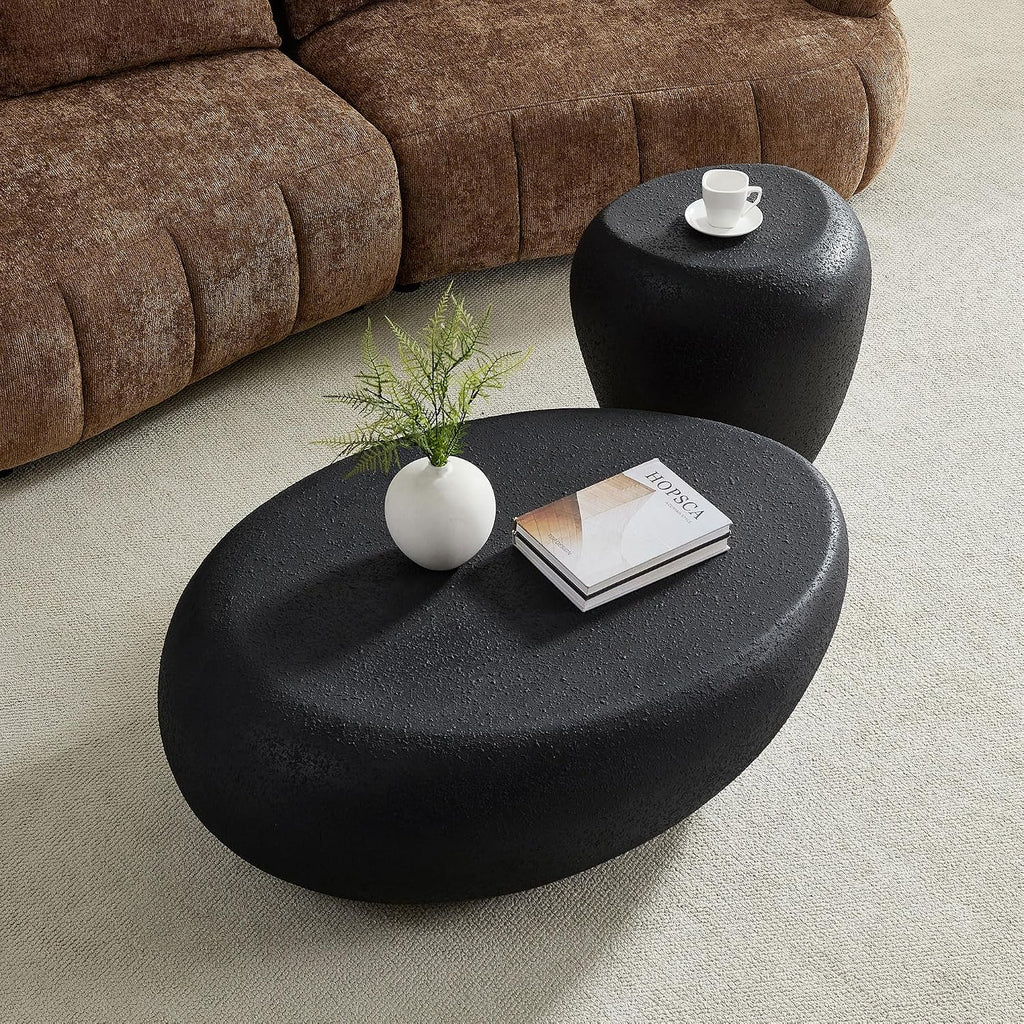19.29'' Faux Stone Side Table End Table for Living Room, Modern Contemporary Style, Fiberglass Material & Grainy Stone Paint, No Assembly, Black