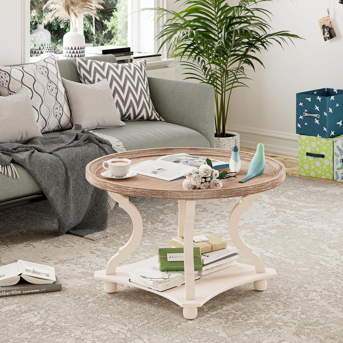Round Farmhouse Coffee Table with Handmade Finish, Wood Tray Top Rustic Coffee Table for Added Thickness, Accent Table with Storage for Living Room, Small Place, White, Circle