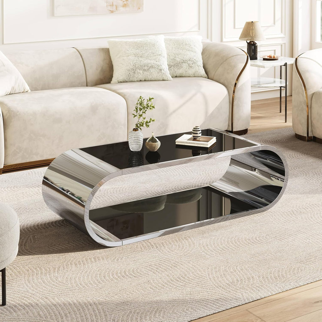 LUMISOL Luxurious Coffee Table with Black Glass Top, Oval Center Table with Storage, 2-Tier Glass Living Room Table with Stainless Steel Chrome Base, Silver