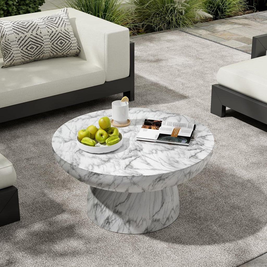 27.5' Round Marble Coffee Table Modern Faux Stone Coffee Table for Indoor and Outdoor Circle Center Tables with Pedestal Accent End Side Tables for Living Room, Magnesium Oxide, Cream
