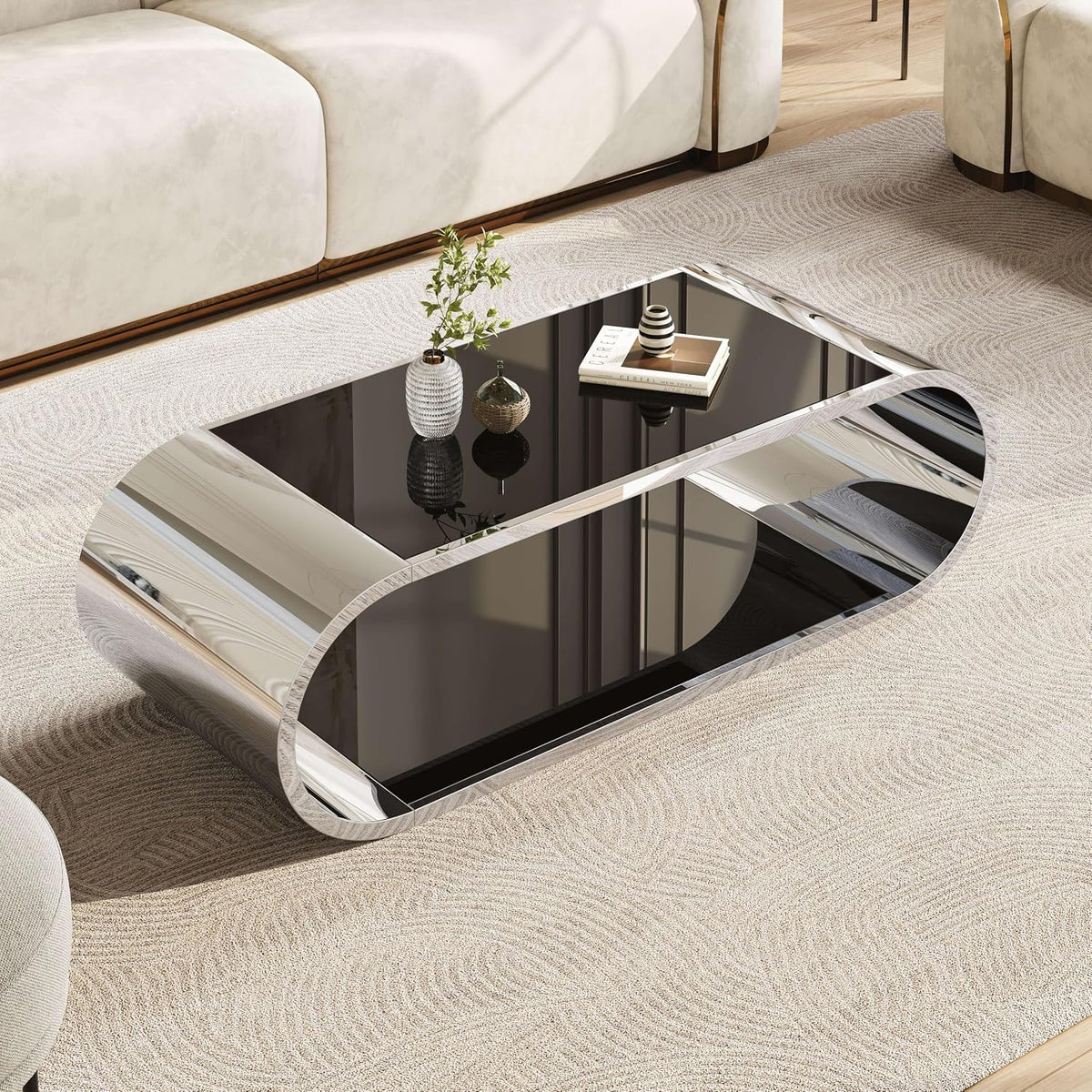 LUMISOL Luxurious Coffee Table with Black Glass Top, Oval Center Table with Storage, 2-Tier Glass Living Room Table with Stainless Steel Chrome Base, Silver