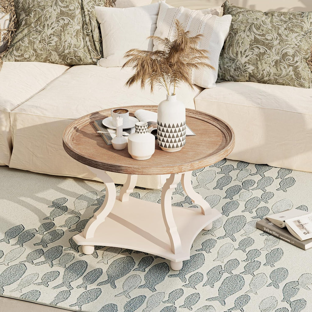 Round Farmhouse Coffee Table with Handmade Finish, Wood Tray Top Rustic Coffee Table for Added Thickness, Accent Table with Storage for Living Room, Small Place, White, Circle