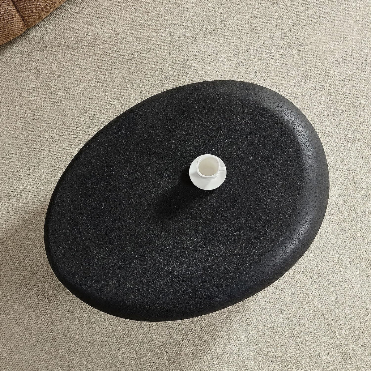 43.31' Oval Coffee Table, Modern Faux Stone Circle Center Tables Accent Drum End Side Table for Living Room, No Installation Required,Cream Black