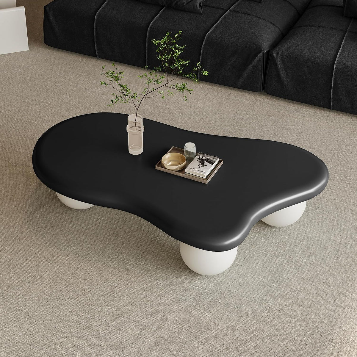 47.2'' Modern Coffee Table with Ball Base, Contemporary Oval Round Cloud Shaped Wood Coffee Table for Living Room, Easy Assembly, Black & White