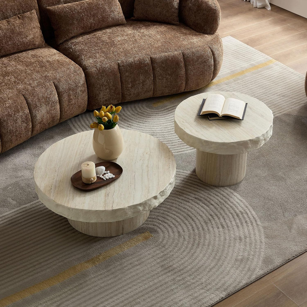 Faux Stone Round Coffee Table Set of 2 for Living Room, Modern Mid-Century Retro Pedestal Coffee Table, Fiberglass Material & Mars Textural Patterns, No Assembly, Beige