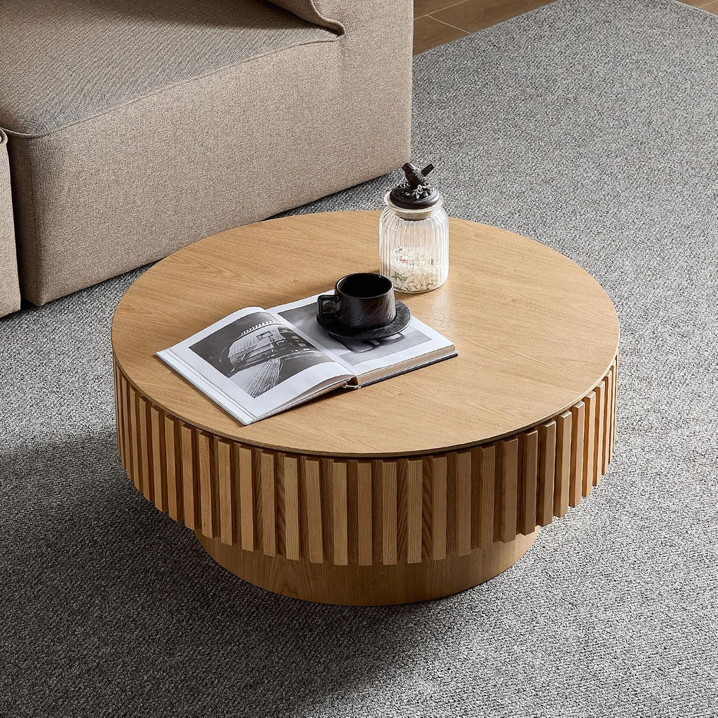 JUSTONE 31.5 Inch Round Farmhouse Coffee Table with Storage, Sturdy Pedestal Base Living Room Center Table for Lounge, Office, Apartment, Natural Wood